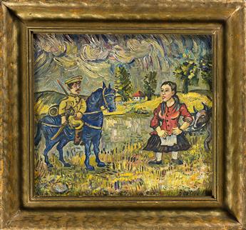 DAVID BURLIUK Landscape with a Peasant Woman and an Officer on Horseback.